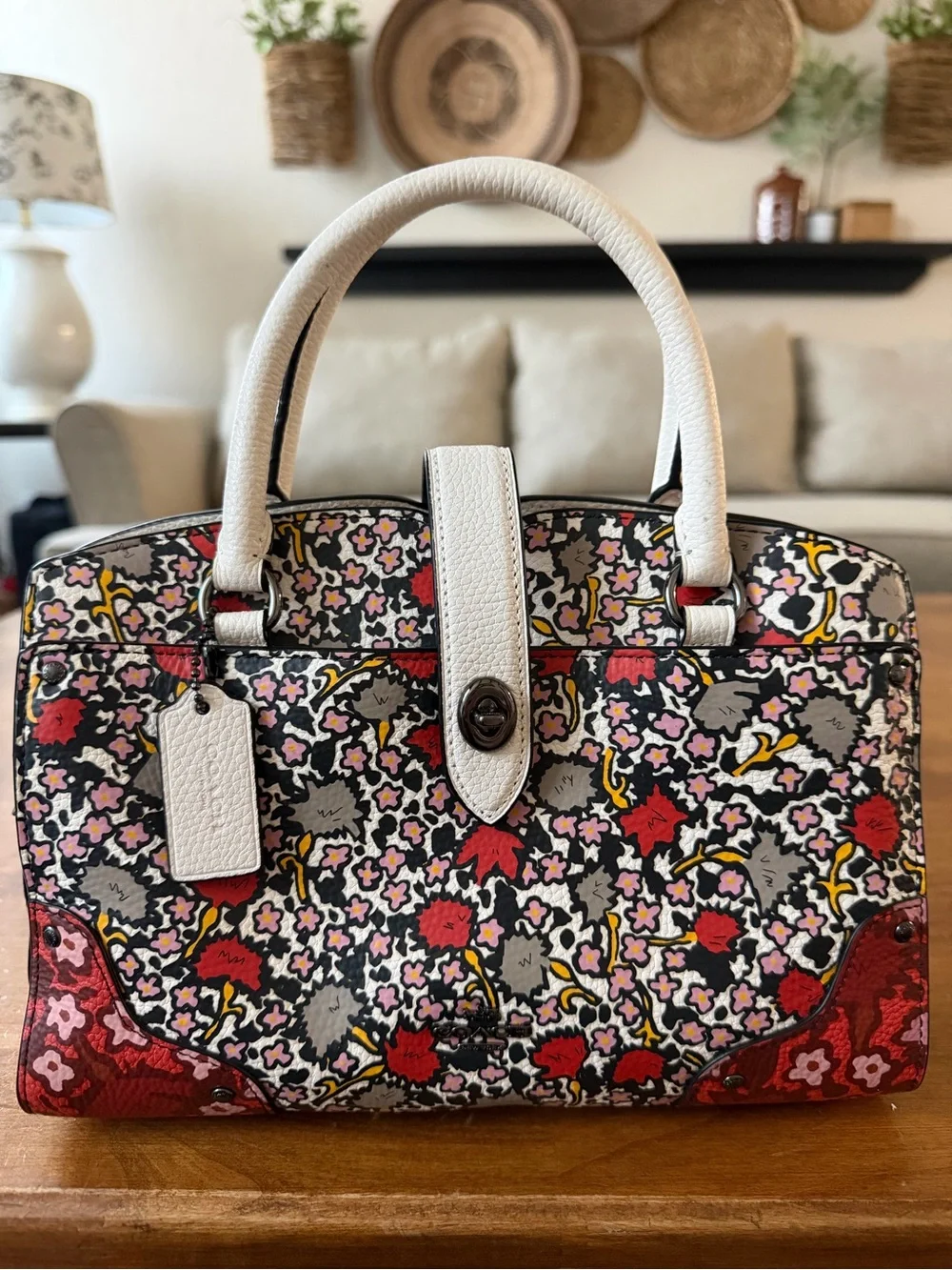 Coach Floral Print Satchel in Multi with White Handles